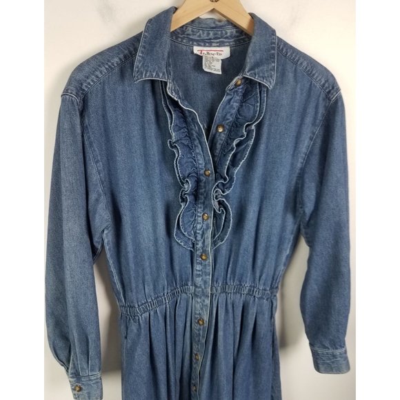 Vtg. Talbots Women's Sz. 8 Denim Button Up Long Sleeve Ruffle Front Maxi Dress - Picture 3 of 8